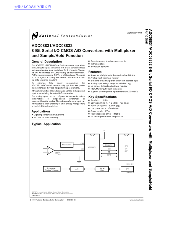 National Semiconductor ADC08831 ADC08832 8-Bit Serial I/O CMOS AD Converters with Multiplexer and Sample Hold Function - Page 1