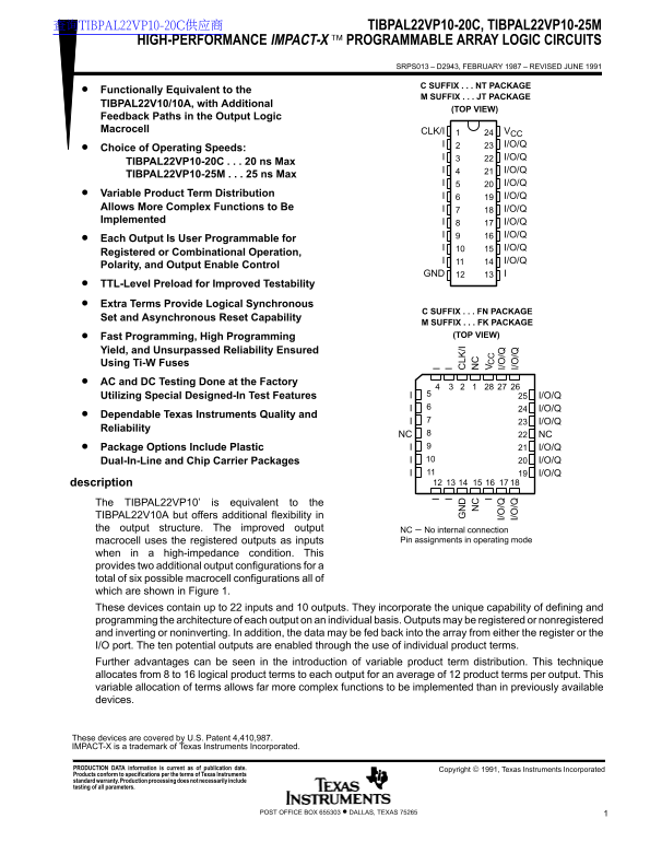 Texas Instruments TIBPAL22VP10-20C, TIBPAL22VP10-25M High-Performance Impact-X Programmable Array Logic Circuits Data Manual - Page 1