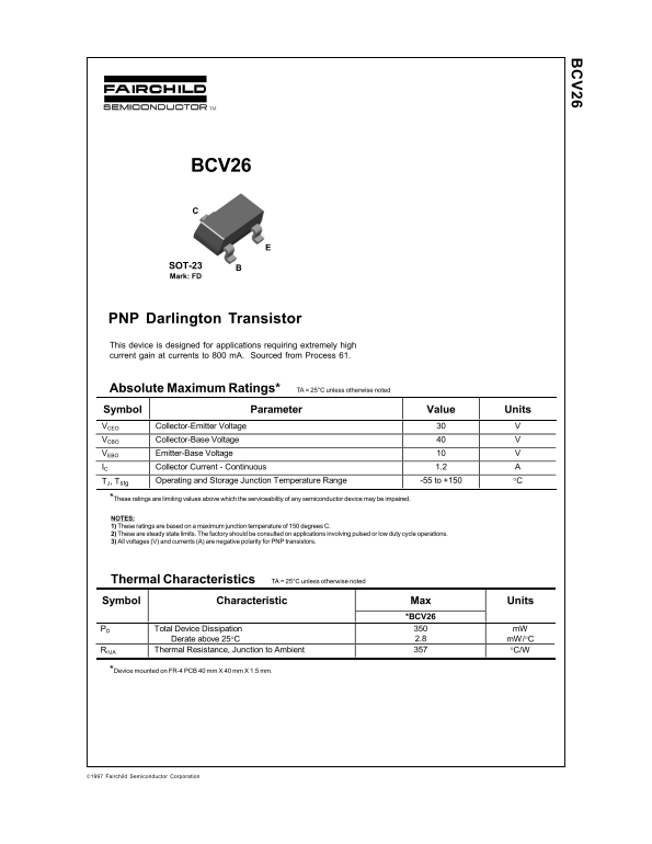 Fairchild BCV26 PNP Darlington Transistor Data Sheet / User Manual - Page 1