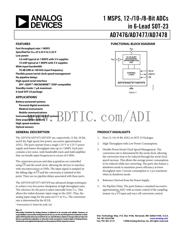 AD7478 Analog Devices Data Sheet manual specifications - Page 1