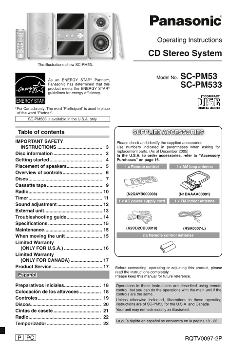 Panasonic SC-PM53 SC-PM533 User Guide & Manual - Page 1