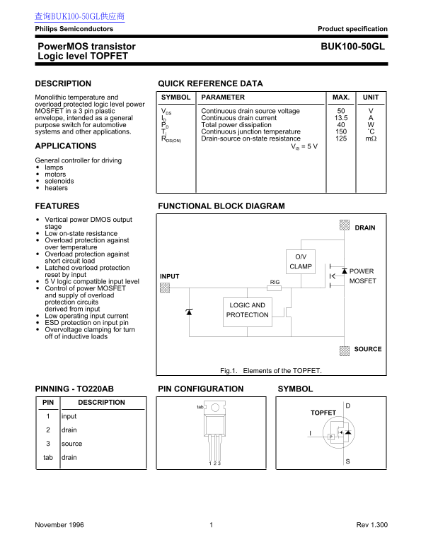 PHILIPS BUK100-50GL Data Sheet - Page 1