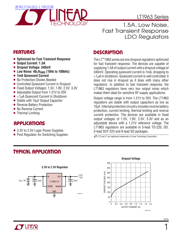 LINEAR LT1963 Series Data Sheet - Page 1