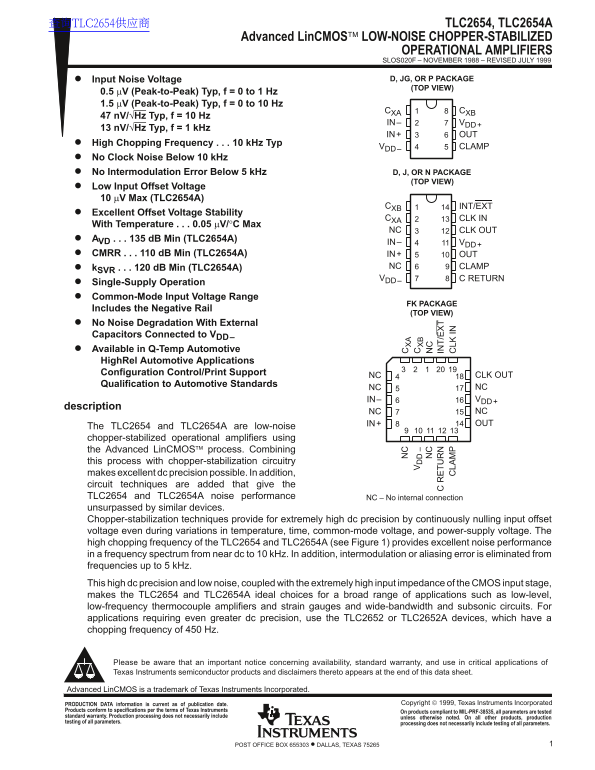 Texas Instruments TLC2654, TLC2654A Advanced Linear CMOS Devices LOW-NOISE CHOPPER-STABILIZED OPERATIONAL AMPLIFIERS Technical Data ManualSpecificationsUser Guide - Page 1