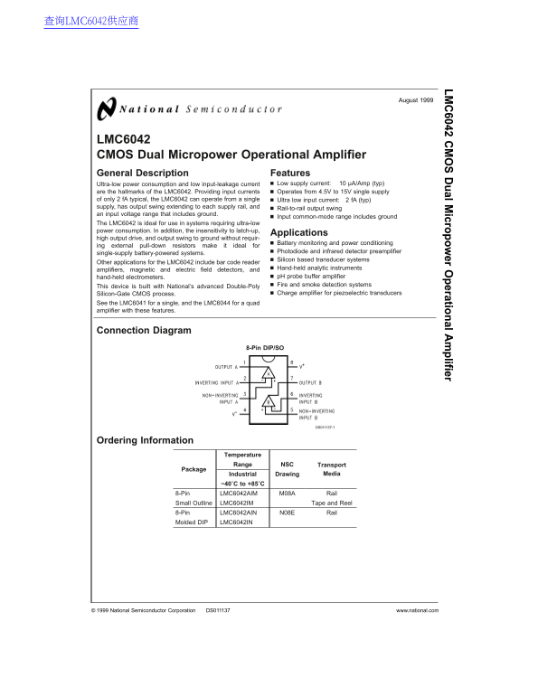 National Semiconductor LMC6042 CMOS Dual Micropower Operational Amplifier Data Sheet - Page 1