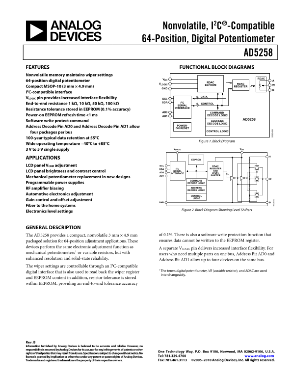 AD5258 Analog Devices User Guide and Specifications Manual - Page 1