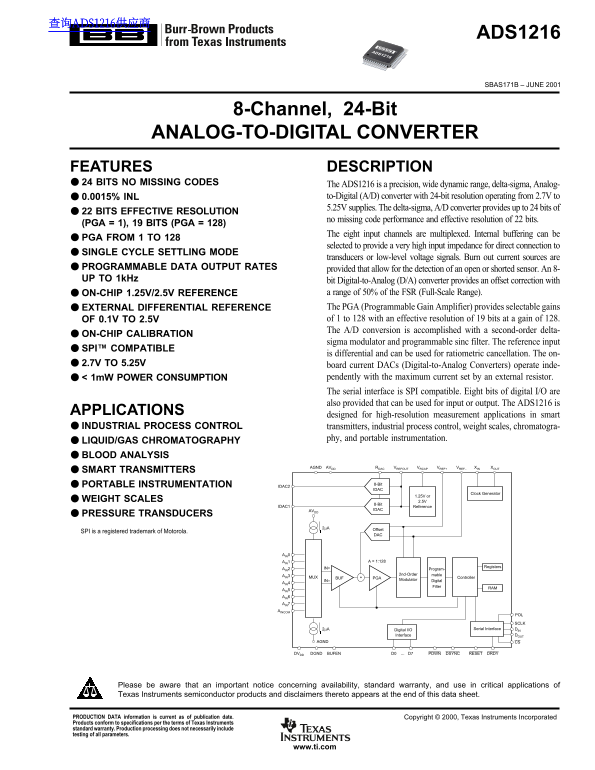 Texas Instruments ADS1216 Data Sheet/Manual - Page 1