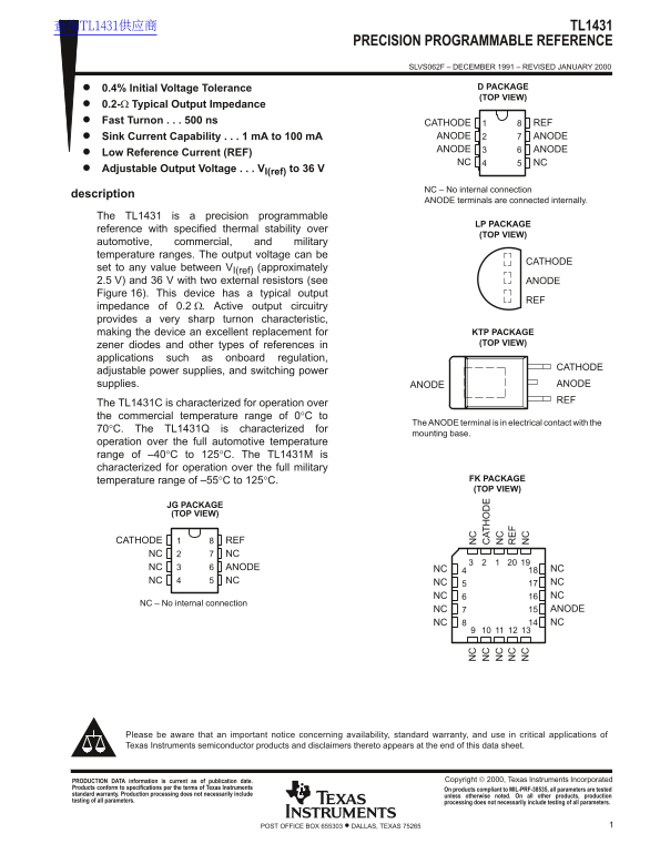 Texas Instruments TL1431 Data Sheet - Page 1