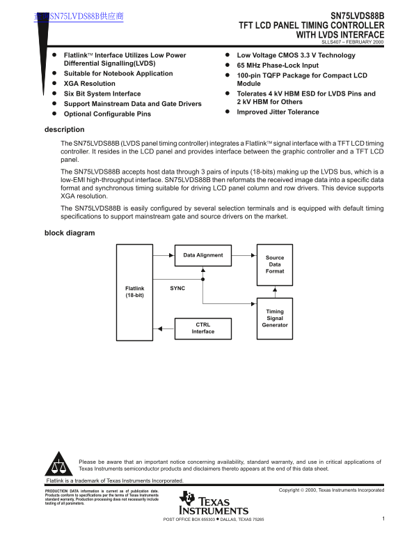 Texas Instruments SN75LVDS88B TFT LCD PANEL TIMING CONTROLLER WITH LVDS INTERFACE - Page 1