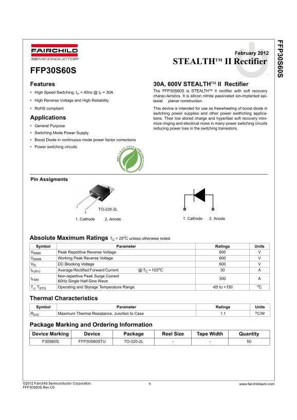 Fairchild FFP30S60S 30A Stealth™ II Rectifier Data Handbook - Page 1