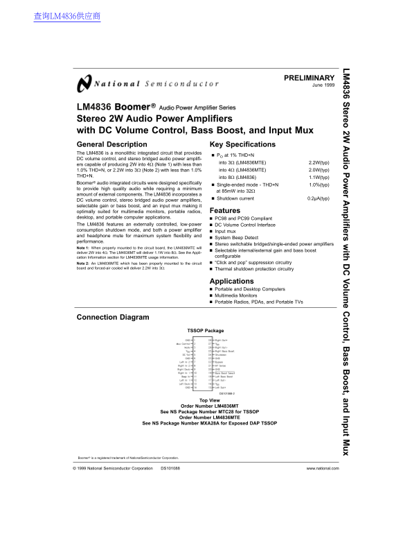 National Semiconductor LM4836 Stereo 2W Audio Power Amplifiers with DC Volume Control, Bass Boost, and Input Mux - Page 1