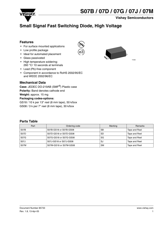Vishay Semiconductor S07B S07D S07G S07J S07M Owner's Manual and User Guide - Page 1
