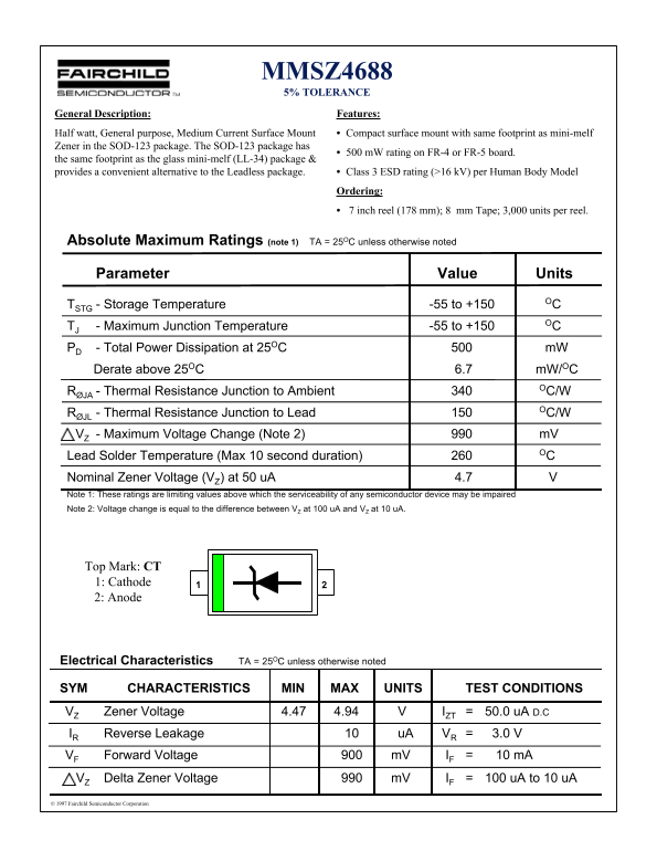 Fairchild MMSZ4688 SOD123 Zener Data Handbook - Page 1