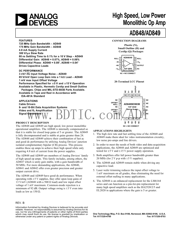 AD848 AD849 Analog Devices Technical Data Sheet and User's Guide - Page 1
