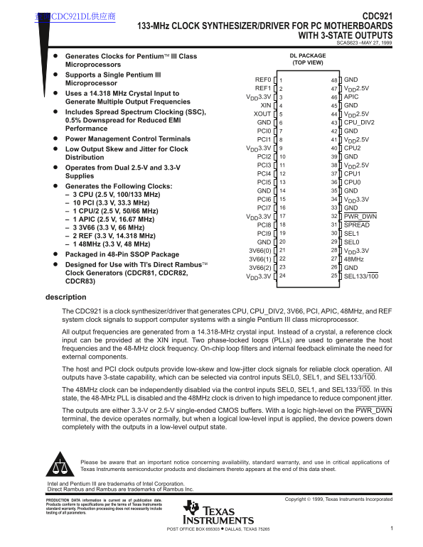 Texas Instruments CDC921 133-MHz Clock Synthesizer Driver for PCs with 3-State Output Motherboards - Page 1