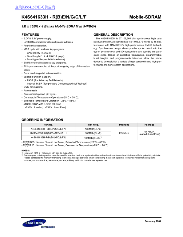 SAMSUNG K4S641633H - R(B)E N G C L F February 2004 Mobile-SDRAM User Guide - Page 1