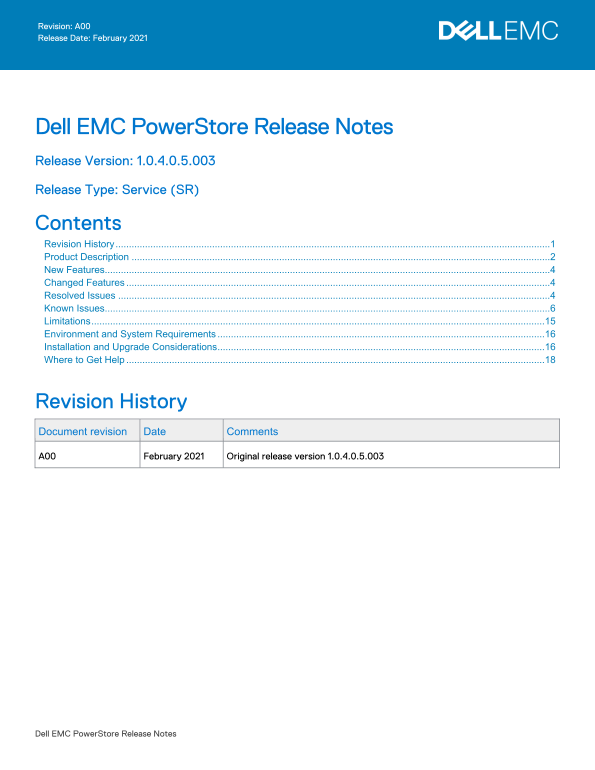Dell EMC PowerStore Release Notes for PowerStore OS Version 1.0.4.0.5.003 - Page 1