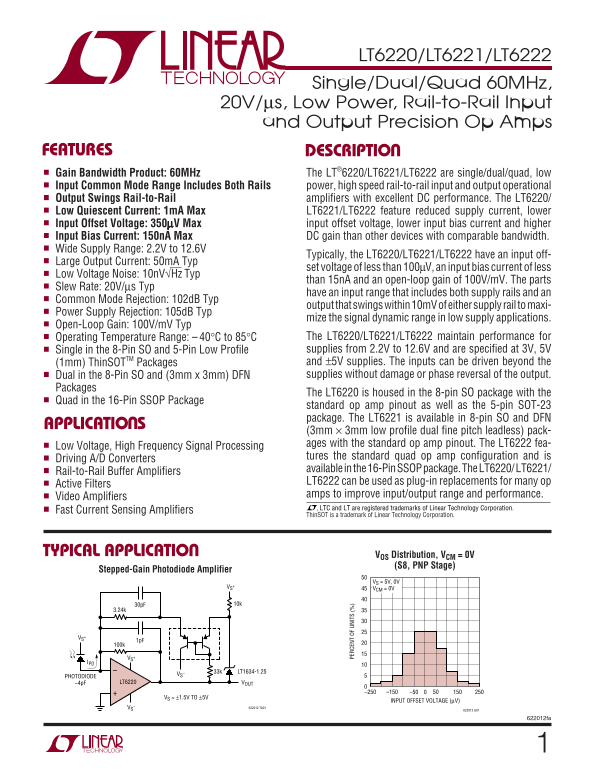 LINEAR TECHNOLOGY - LT6220 LT6221 LT6222 Data Sheet User Manual - Page 1