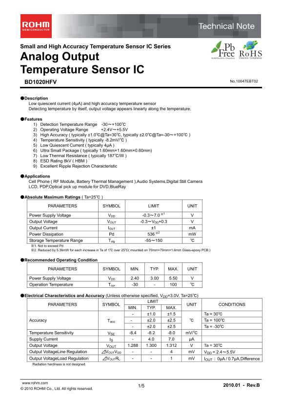 ROHM BD1020HFV Data Handbook - Page 1