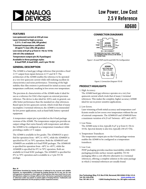 AN ANALOG DEVICES AD680 BANDGAP, LOW POWER 2.5V REFERENCE DATA SHEET (REV H, AUG 01, 2005) User Manual and Technical Specifications - Page 1