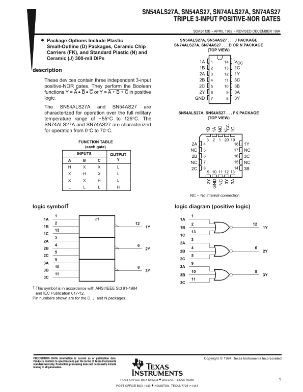 Texas Instruments SN54ALS27A SN54AS27 SN74ALS27A SN74AS27 Data Sheet Manual - Page 1