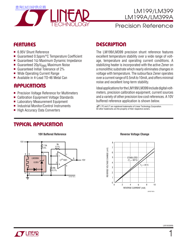 Linear LM199 LM399 LM199A LM399A Data Sheet User Manual - Page 1