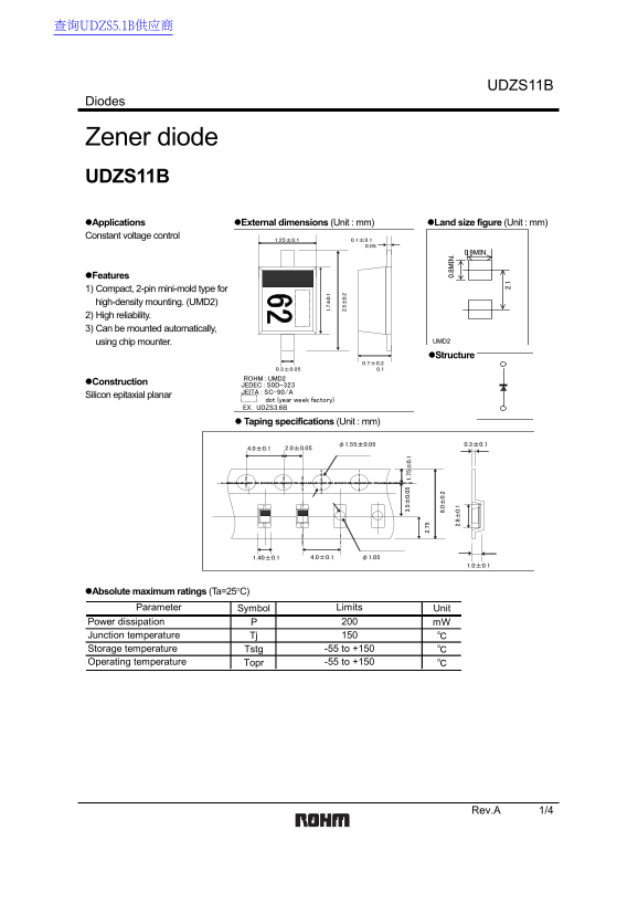 ROHM UDZS11B Zener Diode Data Handbook / Manual - Page 1