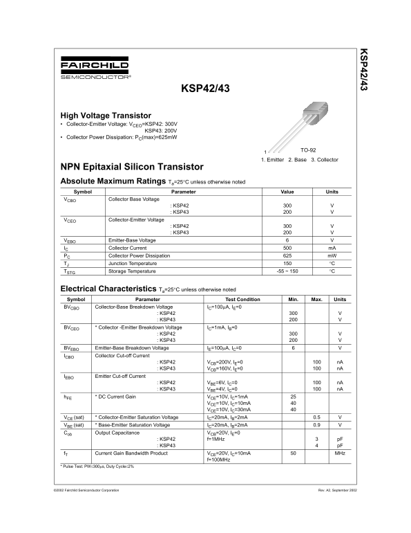 Fairchild KSP42 43 NPN Epitaxial Silicon Transistor User Manual - Page 1