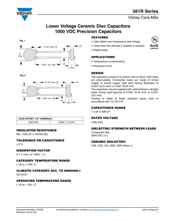 Vishay 561R Series Low-Voltage Ceramic Disc Capacitors Data Sheet - Specifications and Technical Information. - Page 1
