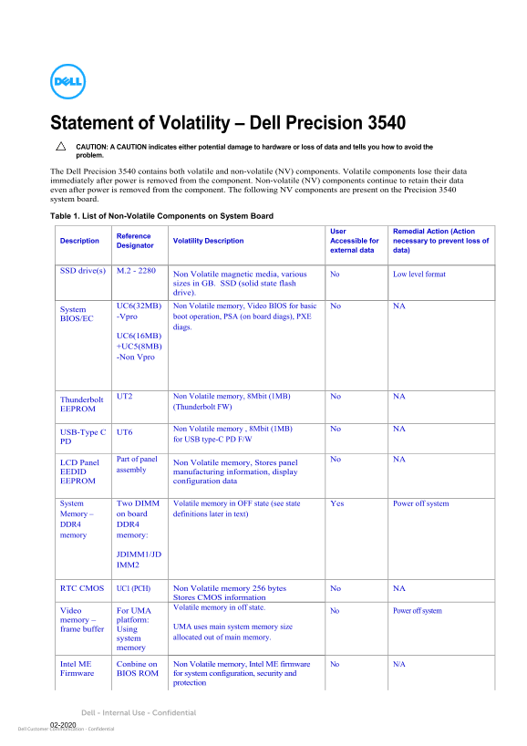 Dell Precision 3540 Statement of Volatility - Page 1