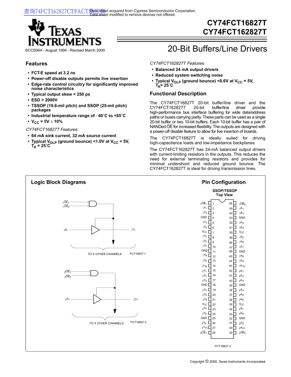Texas Instruments CY74FCT16827T 20-Bit Buffers Line Drivers Data Sheet Owner's Manual - Page 1