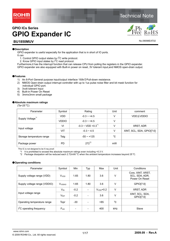 ROHM BU1850MUV Data Sheet - Page 1
