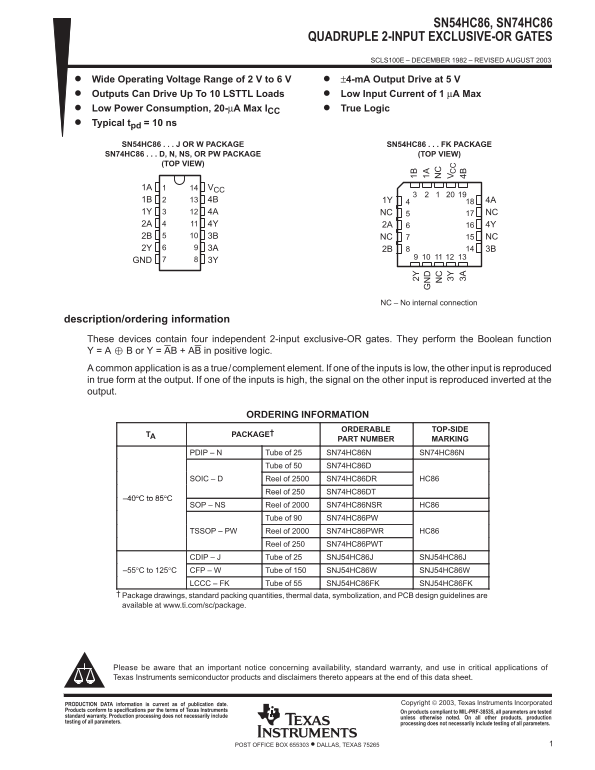 TI Texas Instruments SN54HC86, SN74HC86 Data Handbook Specification - Page 1