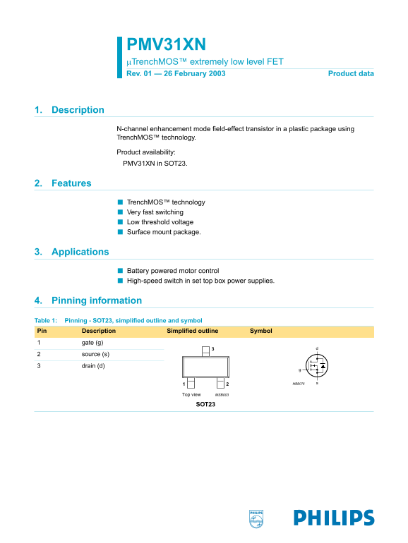 PHILIPS PMV31XN Data Sheet - Page 1