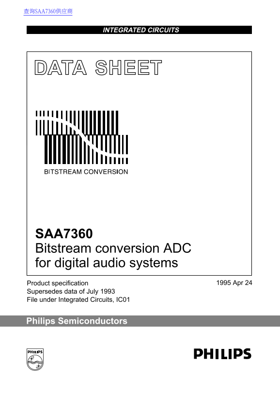 Philips SAA7360 Bitstream Conversion ADC for Digital Audio Systems Data Sheet - Page 1