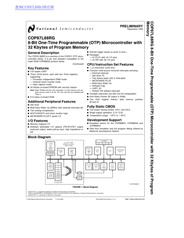National COP87L88RG Data Handbook - Page 1