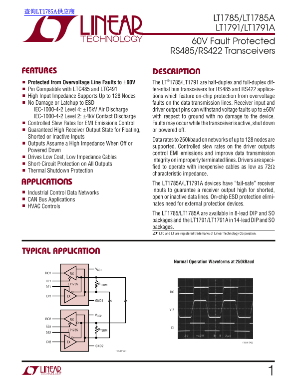 LINEAR TECHNOLOGY LT1785 LT1785A LT1791 LT1791A Data Sheet User Manual - Page 1