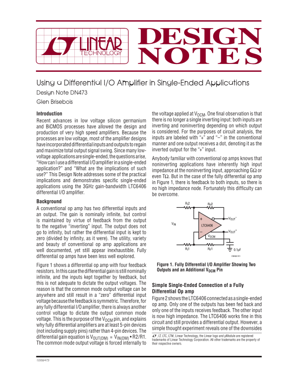 LINEAR Design Note DN473: Using a Differential I/O Amplifier in Single-Ended Applications - Page 1