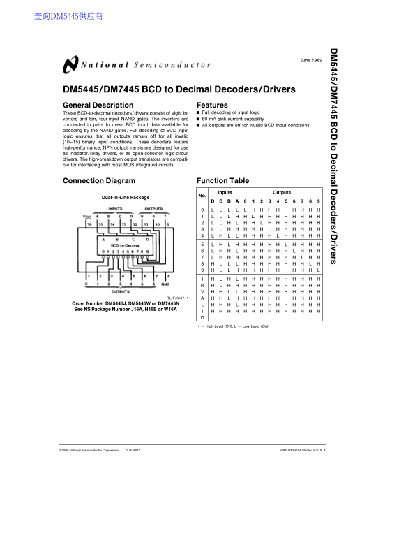 National Semiconductor DM5445 DM7445 Data Handbook - Page 1