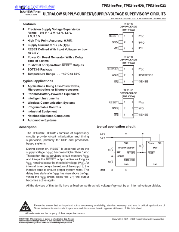 Texas Instruments TPS31XXEXX Data Sheet - Page 1