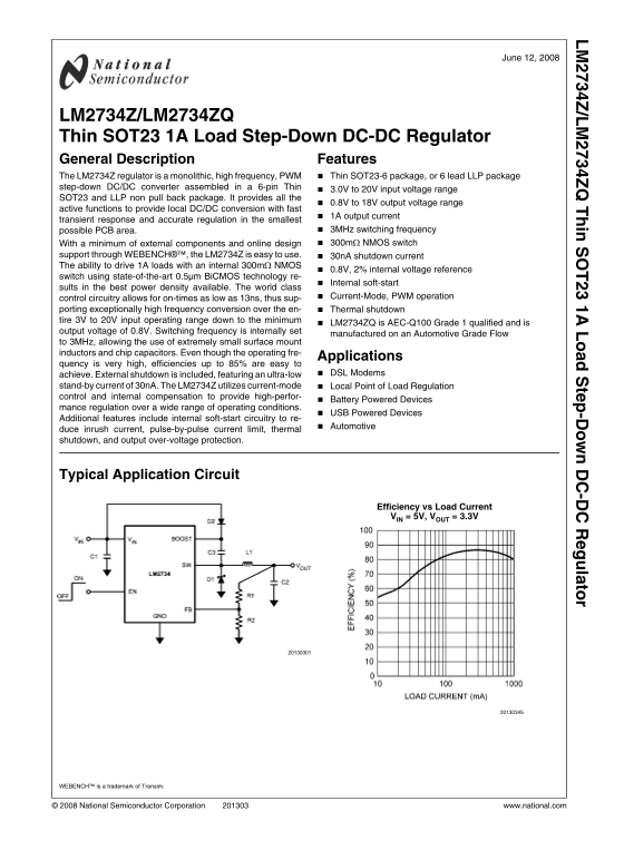 National Semiconductor LM2734Z LM2734ZQ Thin SOT23 1A Load Step-Down DC-DC Regulator - Page 1