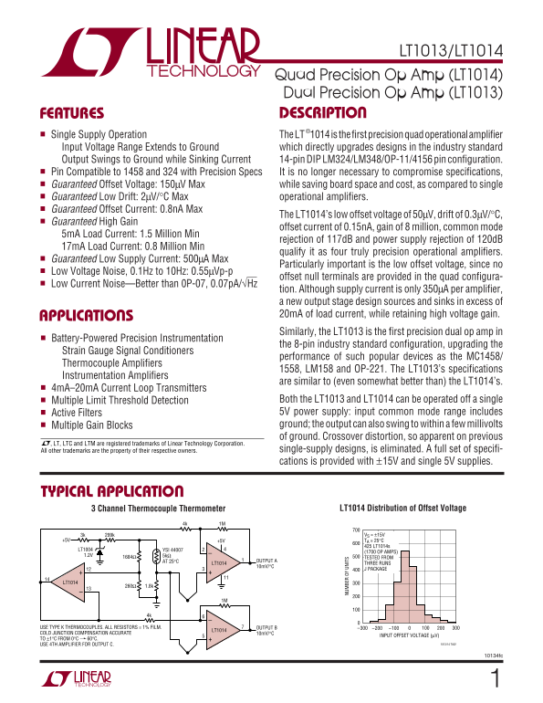 LINEAR TECHNOLOGY LT1013 Data SheetLT1014 Specification Manual - Page 1