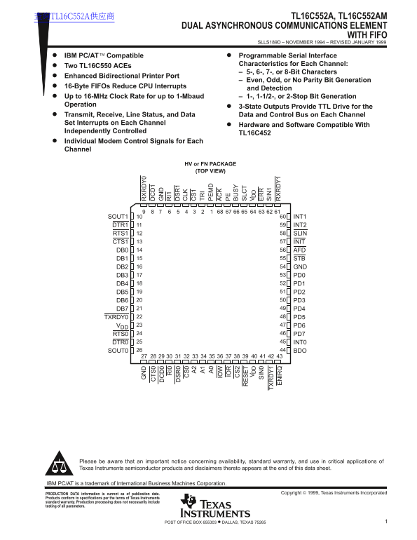 Texas Instruments TL16C552A, TL16C552AM Data Handbook/Manual - Page 1
