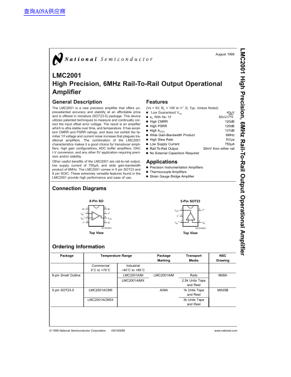 National Semiconductor LMC2001 High Precision, 6MHz Rail-to-Rail Output Operational Amplifier Data Sheet Manual User Guide - Page 1