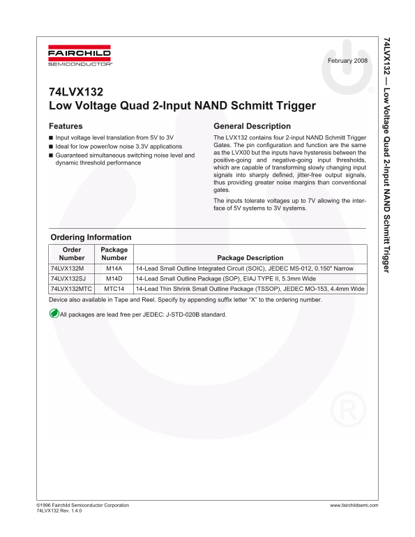 Fairchild 74LVX132 Low Voltage Quad 2-Input NAND Schmitt Trigger Data Manual - Page 1