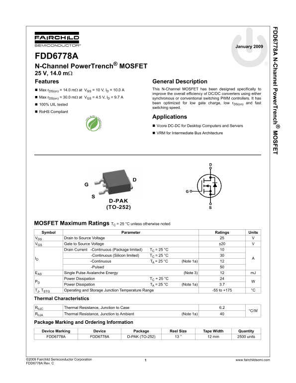 Fairchild FDD6778A Product Specifications Sheet - Page 1