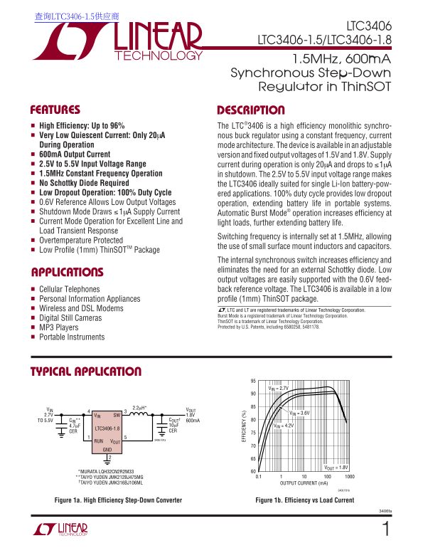 LINEAR LTC3406 Data Sheet - Page 1