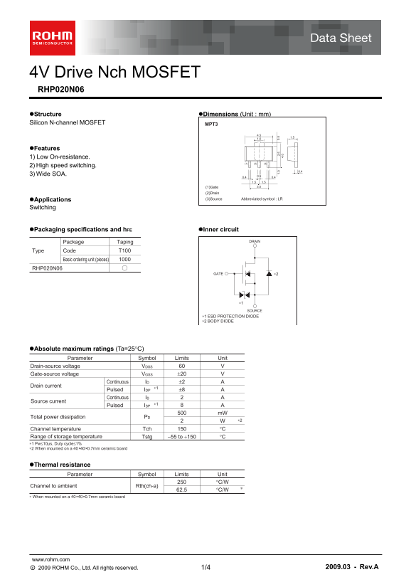 ROHM RHP020N06 User Guide - Page 1