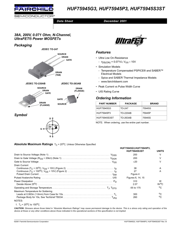 FAIRCHILD HUF75945G3, HUF75945P3, HUF75945S3ST Data Handbook - Page 1