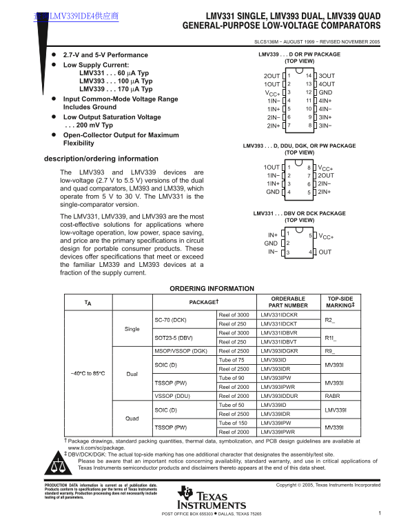 Texas Instruments LMV331 Single, LMV393 Dual, LMV339 Quad General-Purpose Low-Voltage Comparators - Page 1